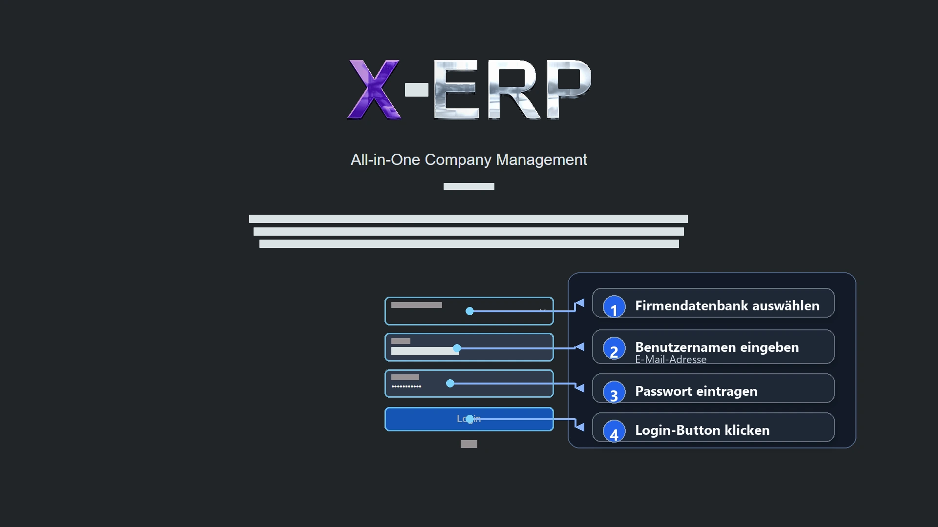Login in X-ERP: Firmendatenbank auswählen, Benutzernamen als E-Mail-Adresse eingeben, Passwort eintragen und Login-Button klicken