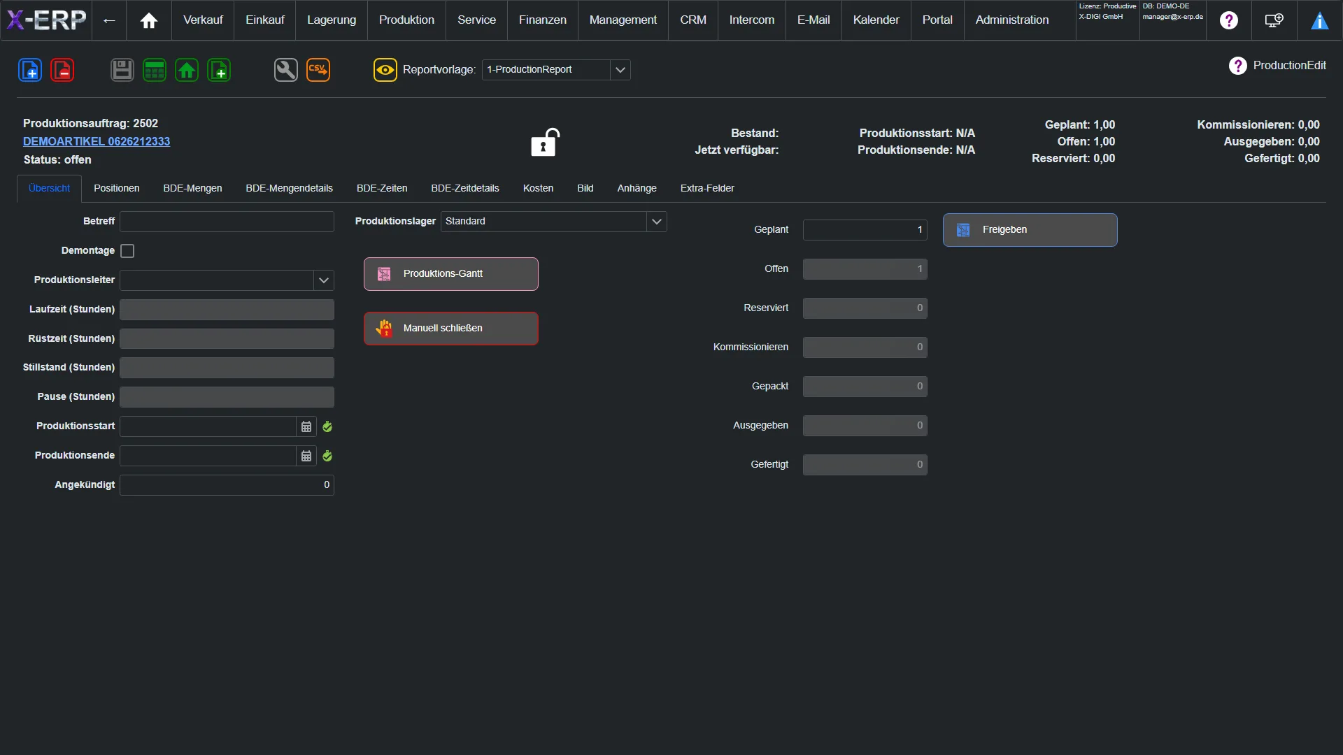 Screenshot Fertigungsauftrag in X-ERP