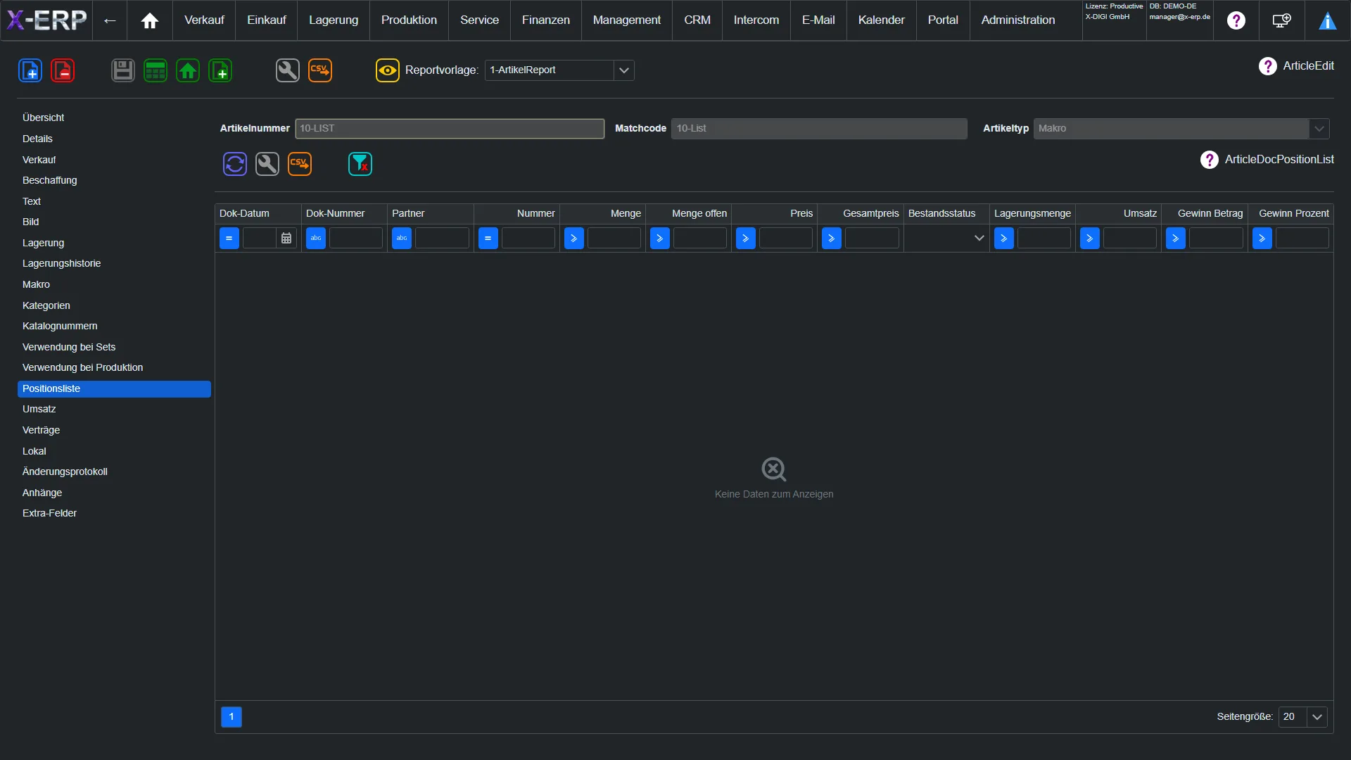 Screenshot Artikel-Positionsliste in X-ERP