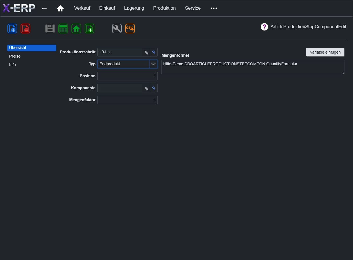 Screenshot Artikel-Produktionsschritt-Artikel in X-ERP