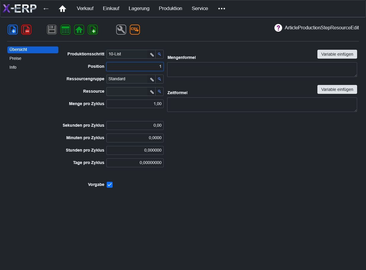 Screenshot Artikel-Produktionsschritt-Ressourcen in X-ERP