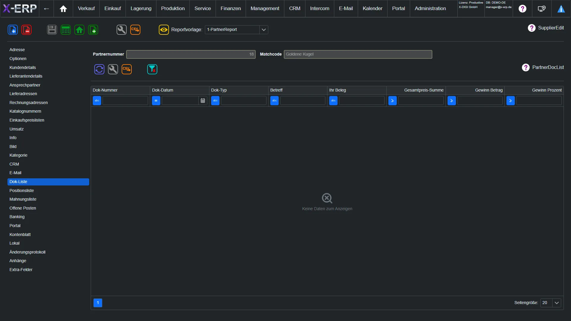 Screenshot Partner-Dok-Liste in X-ERP