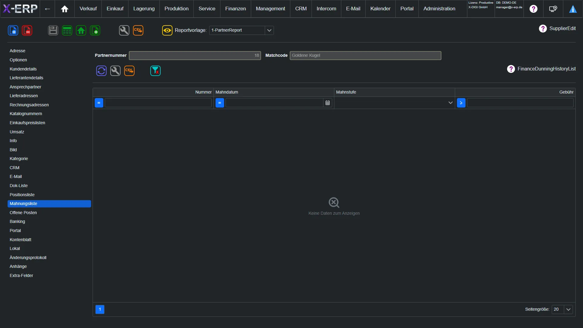 Screenshot Partner-Mahnungsliste in X-ERP