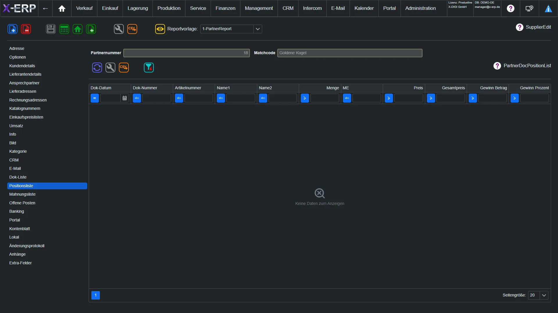 Screenshot Partner-Positionsliste in X-ERP