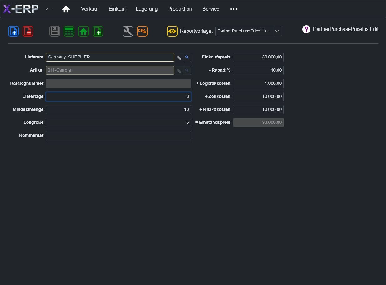Screenshot Preise Einkauf in X-ERP